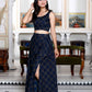 Miravan Women's Blue Abstract Print Crop Top And Side Slit A-Line Skirt Co-Ord Set - Swadesiicart