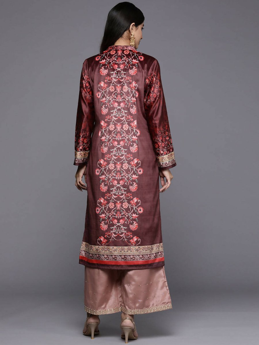 Ahalyaa Women Burgundy & Golden Floral Printed Gotta Patti Floral Velvet Kurta | Swadesiicart