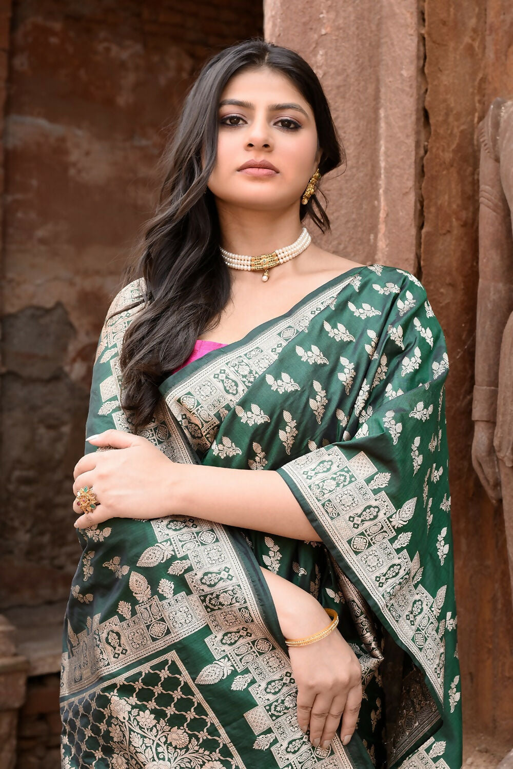Joban Fashion Emerald Green Banarasi Katan Pure Handloom Banarasi Silk Saree | Swadesiicart