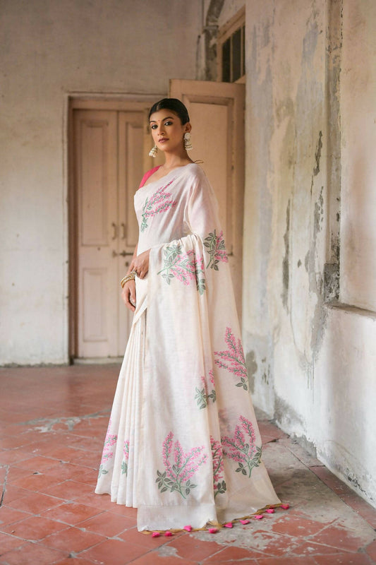 Vishnu Weaves Women's Pink Muga Cotton Woven Saree with Blouse - Swadesiicart