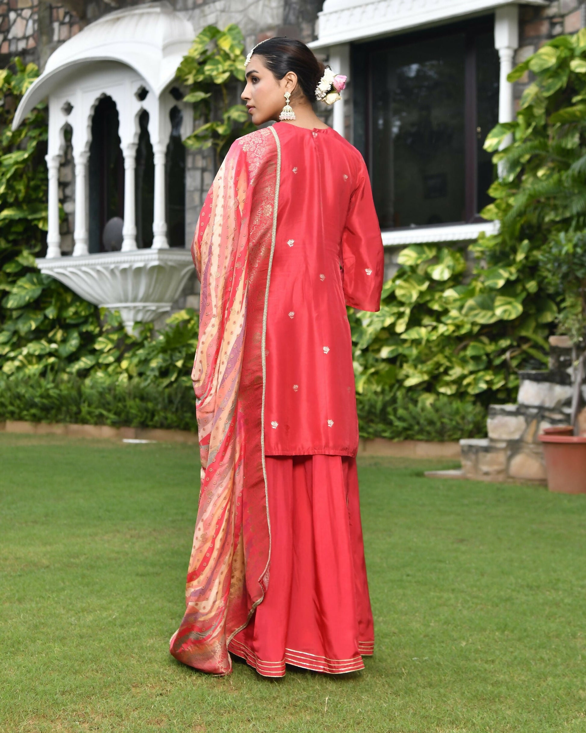Vaasva Women's Silk Red Emboidered Solid Kurta, Sharara & Dupatta Set | Swadesiicart