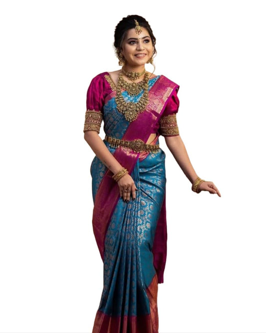 Vamika Weaving Banarasi Jacquard Sky Blue Kanjivaram Saree | Swadesiicart