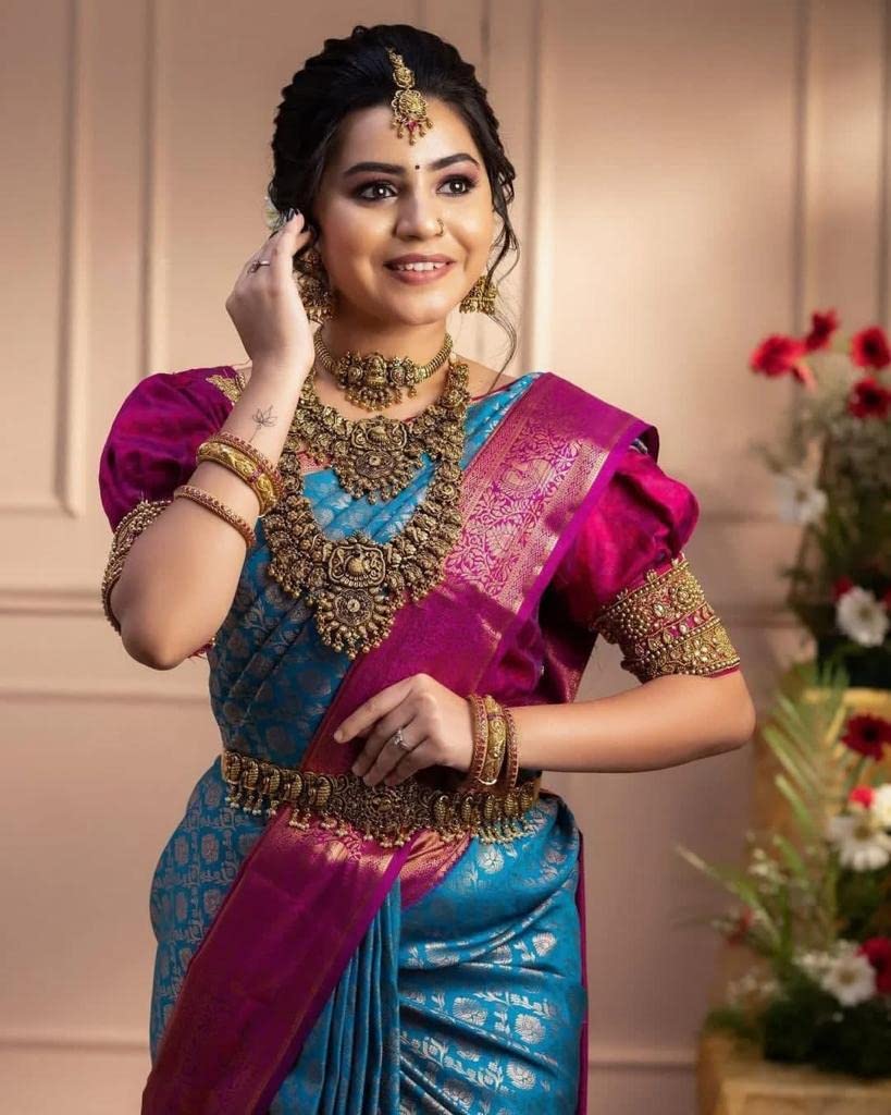 Vamika Weaving Banarasi Jacquard Sky Blue Kanjivaram Saree | Swadesiicart