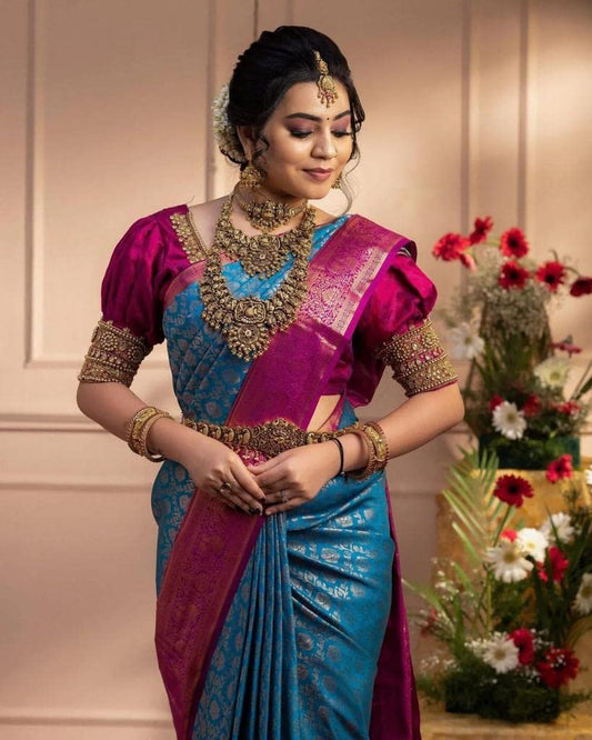 Vamika Weaving Banarasi Jacquard Sky Blue Kanjivaram Saree | Swadesiicart