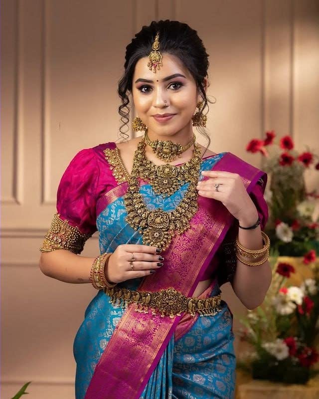 Vamika Weaving Banarasi Jacquard Sky Blue Kanjivaram Saree | Swadesiicart
