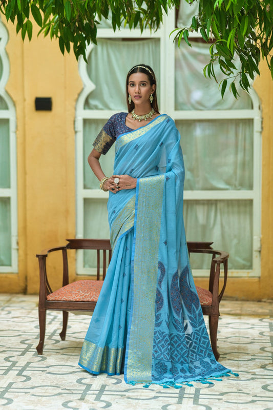 Vishnu Weaves Women's Blue Pure Cotton Zari Woven Saree with Blouse - Swadesiicart