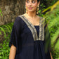 Janasya Navy Blue Silk Blend Yoke Embroidery Co-Ords - Swadesiicart