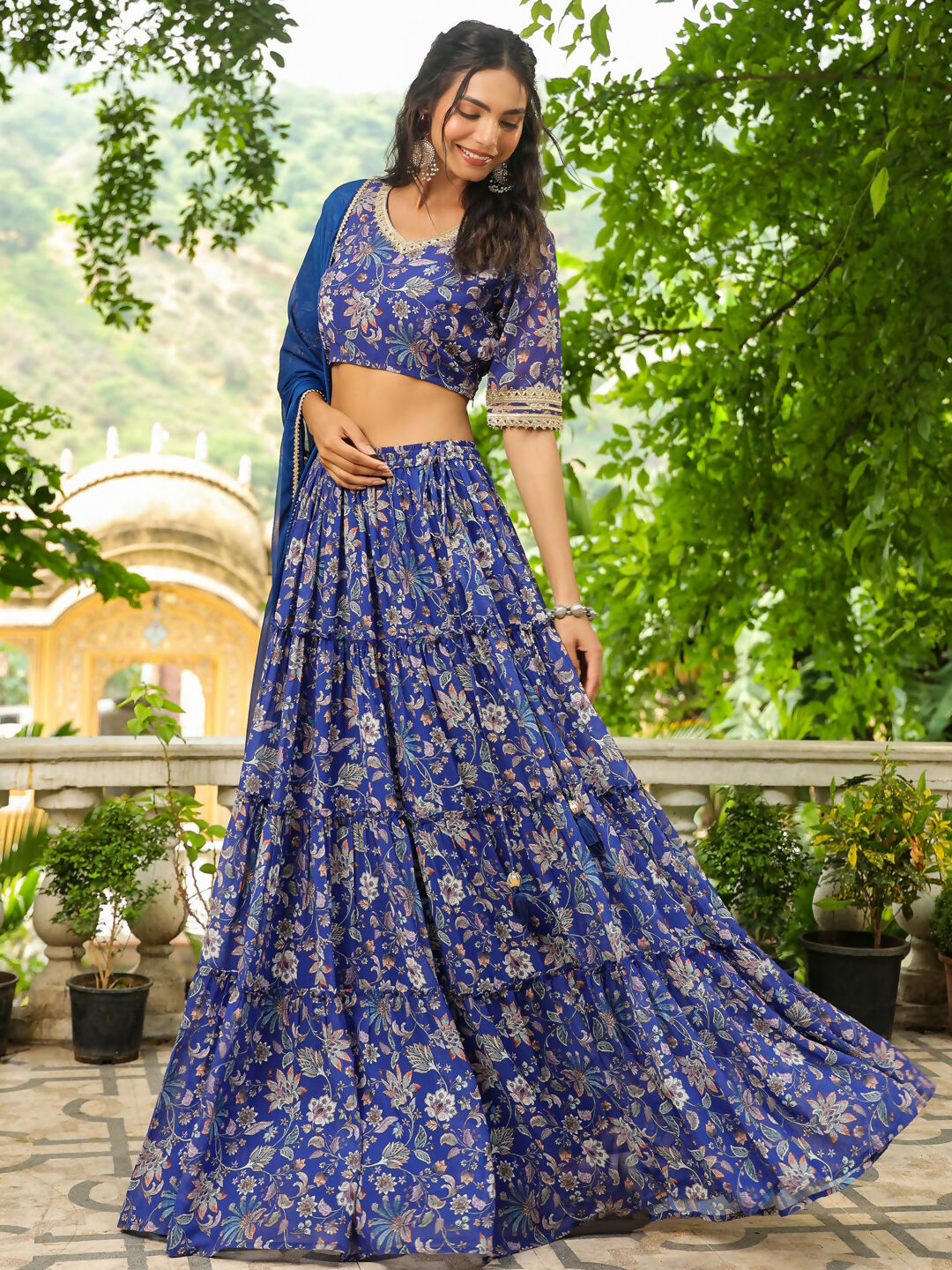 Janasya Blue Georgette Floral Lehenga Choli Dupatta | Swadesiicart
