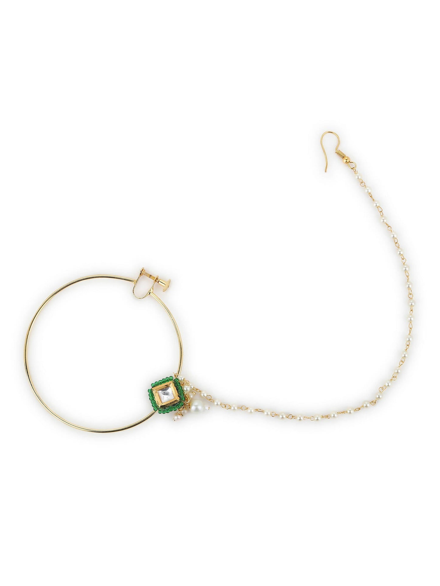 Gold-Polished Green White Kundan Studded Beaded Chained Nosepin - Ruby Raang | Swadesiicart