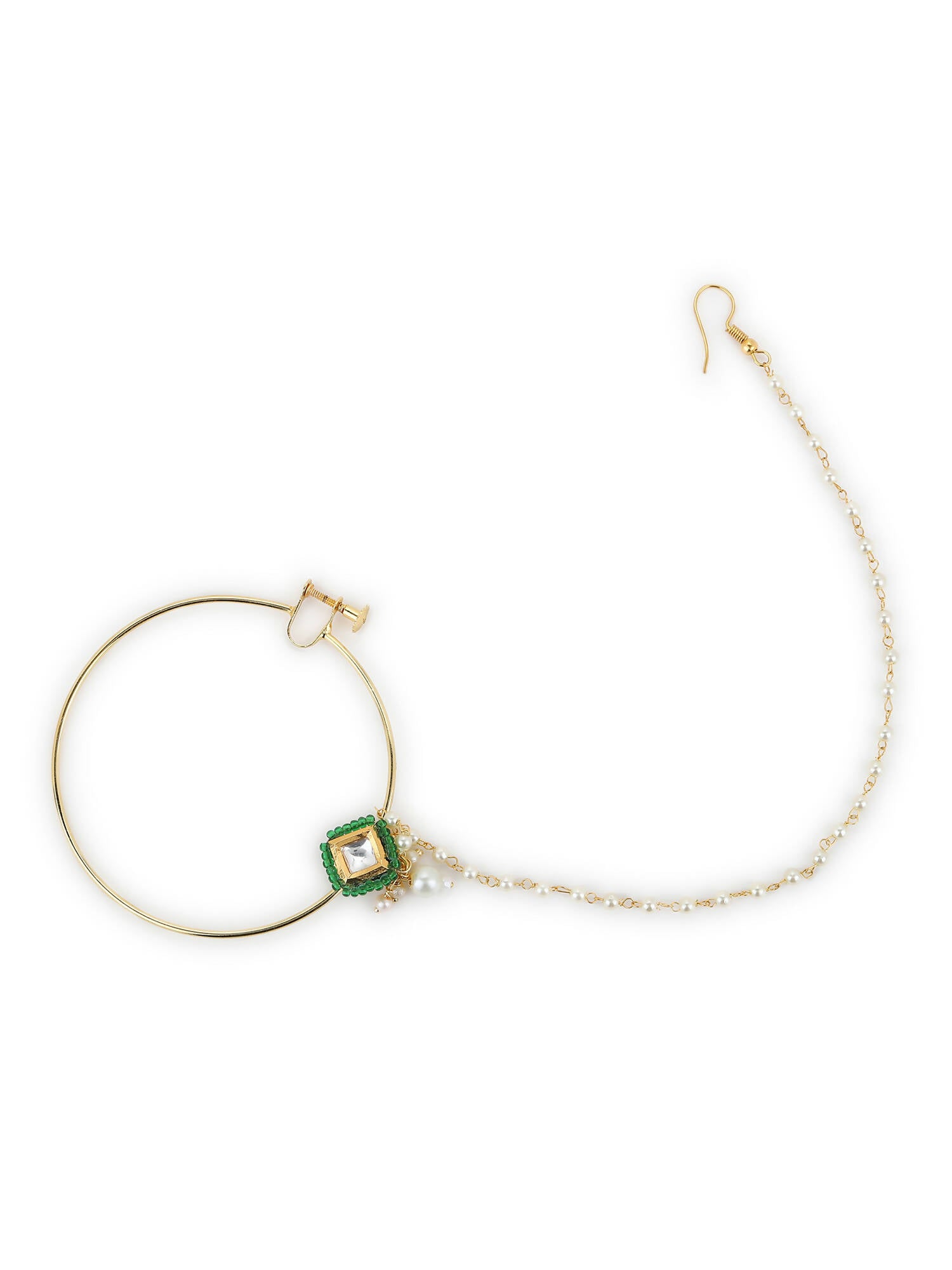 Gold-Polished Green White Kundan Studded Beaded Chained Nosepin - Ruby Raang | Swadesiicart