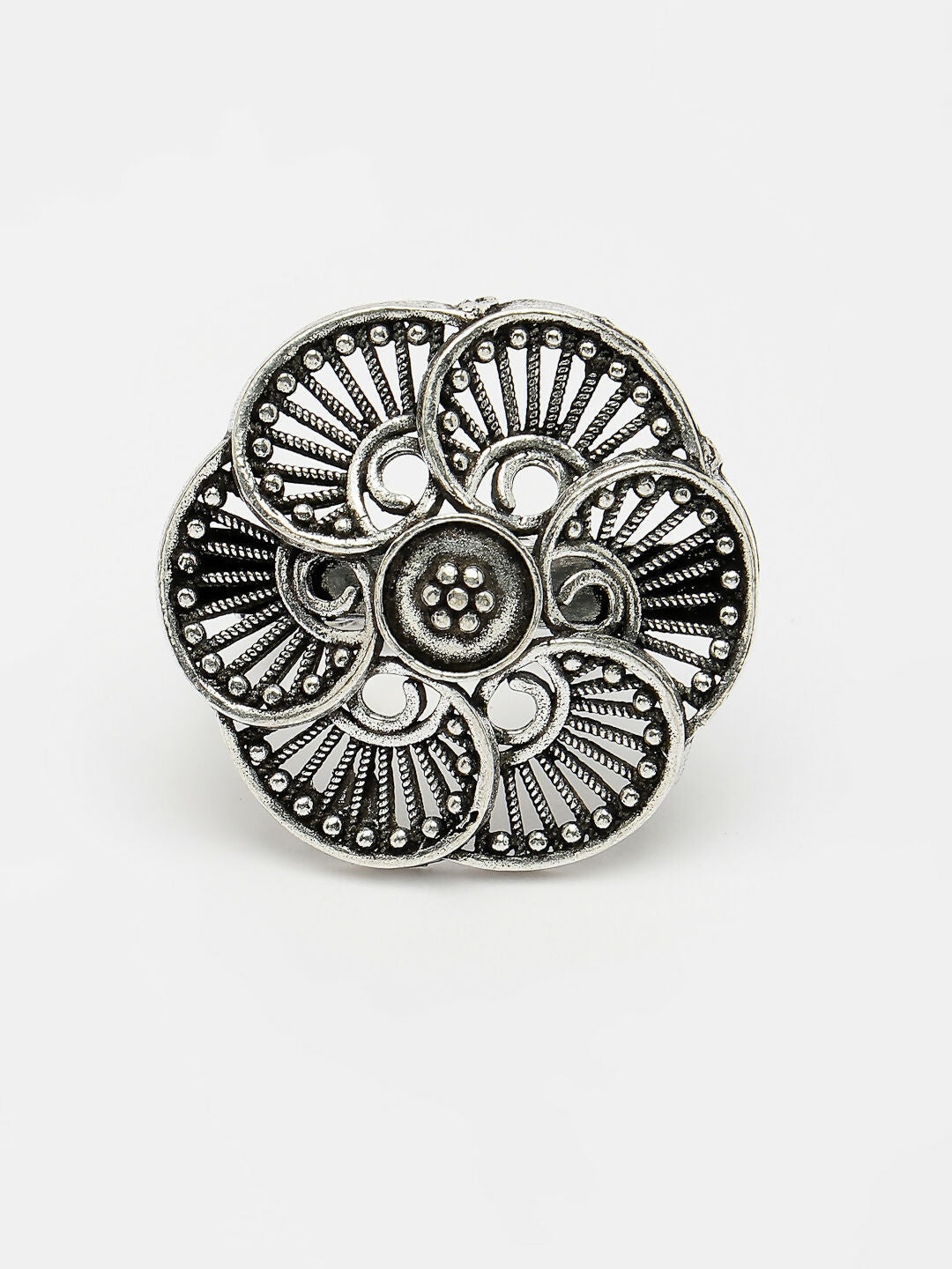 NVR Women's Silver-Toned Floral Shape Adjustable Finger Ring | Swadesiicart