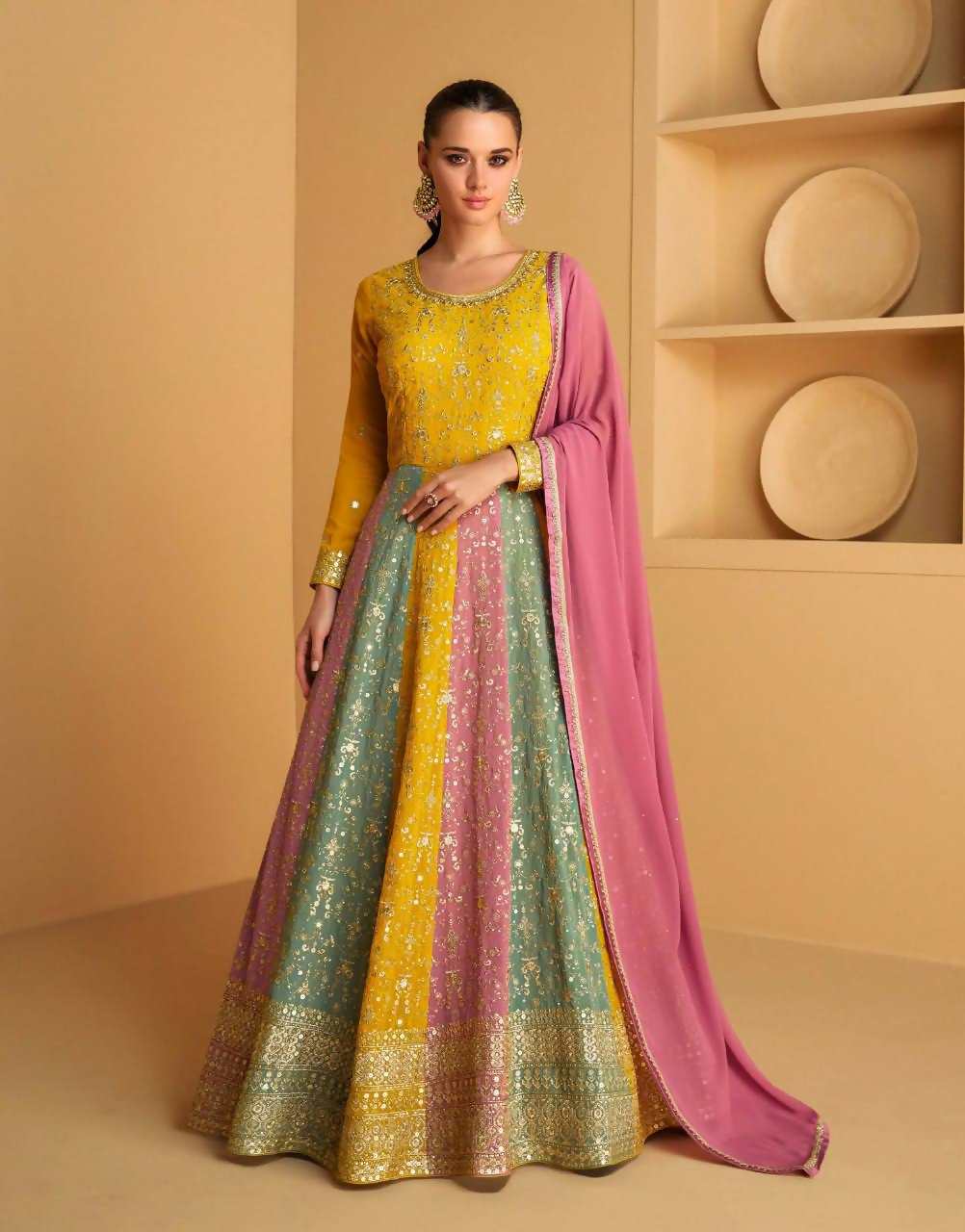 Lorenvalley Fashion Yellow Faux Georgette Embroidery with Sequince Work Gown Stitched | Swadesiicart