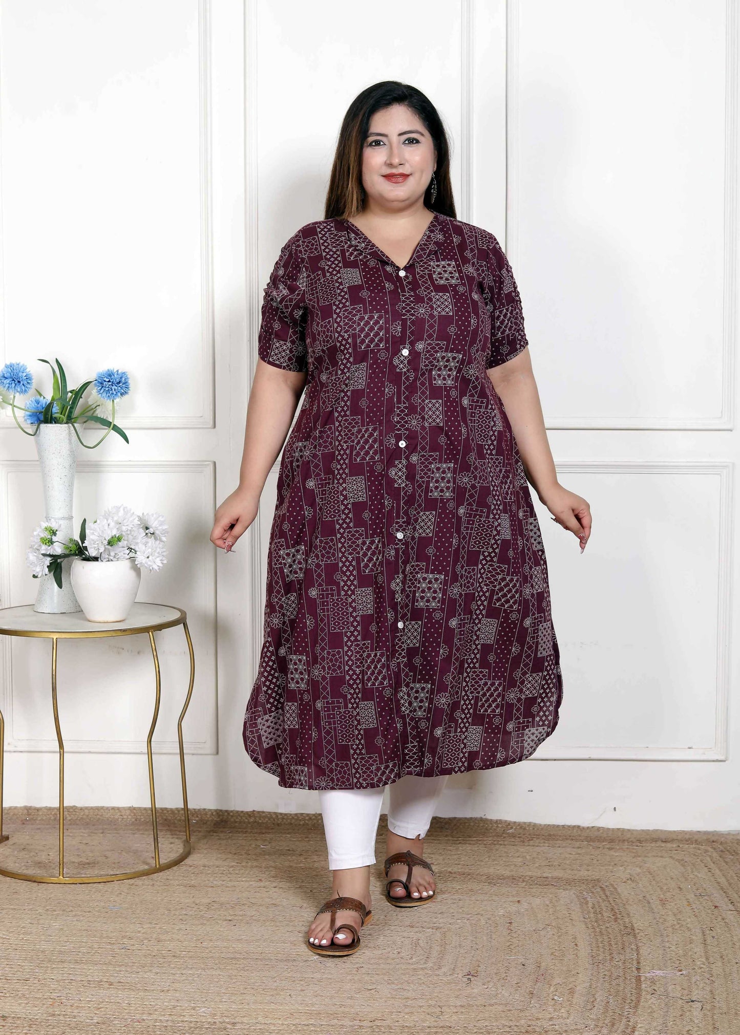 Miravan Women's Plus Size Wine Mandarin Neck Floral Printed A-Line Party wear Kurta - Swadesiicart