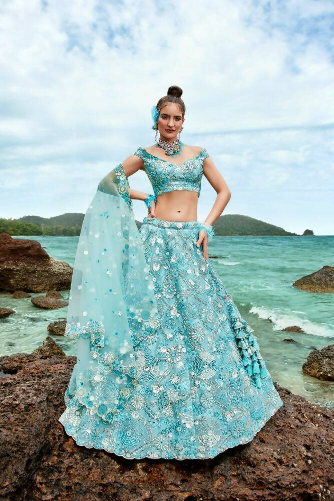 House of Panchhi Sky Blue Organza Sequins, Zarkan And Thread Embroidery Lehenga Choli & Dupatta | Swadesiicart