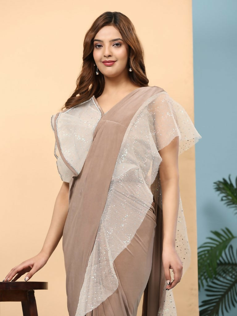 Light Brown Lycra Solid Ready to Wear Saree with stitched Blouse - Nita | Swadesiicart
