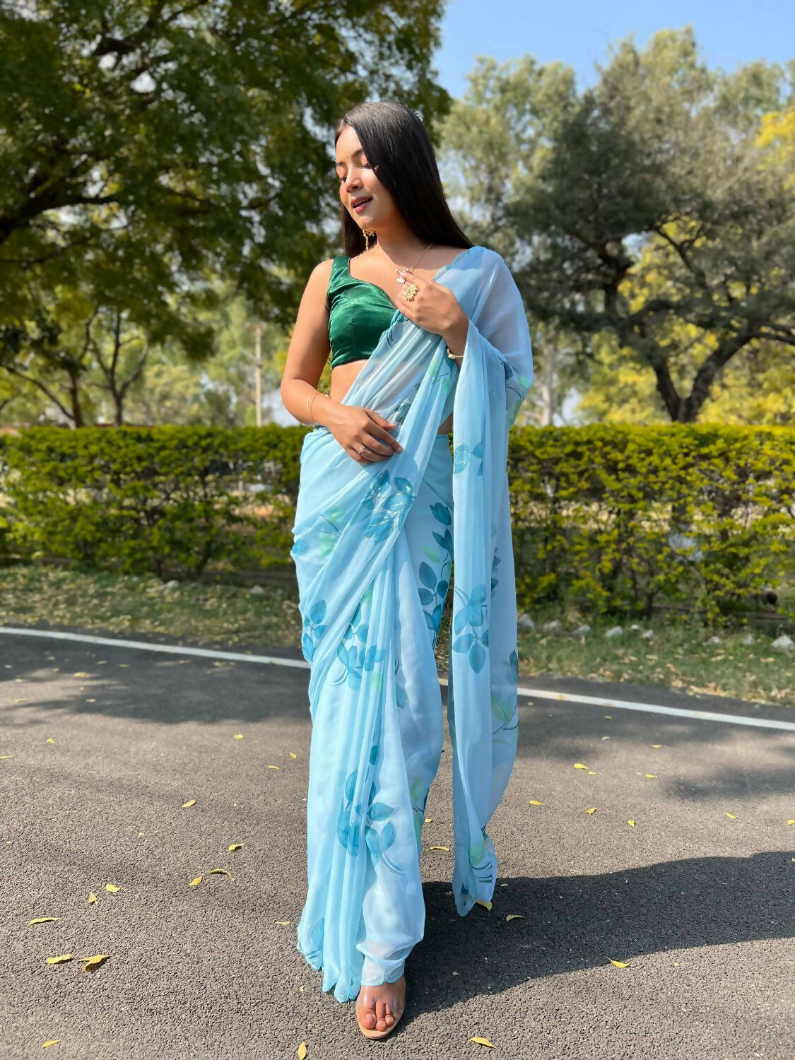 Vamsee Sky Blue Chiffon Designer Saree - Swadesiicart