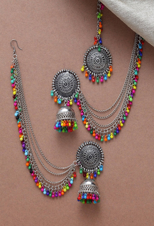 Mominos Fashion Johar Kamal Bahubali Multi Beads Earrings With Tikka - Mominos Fashion
