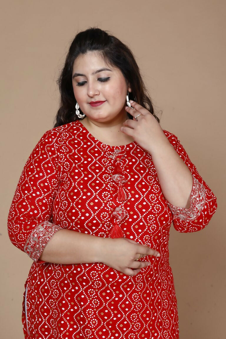 Miravan Women's Plus Size Festive Wear Red Bandhani Printed Straight Kurta - Swadesiicart