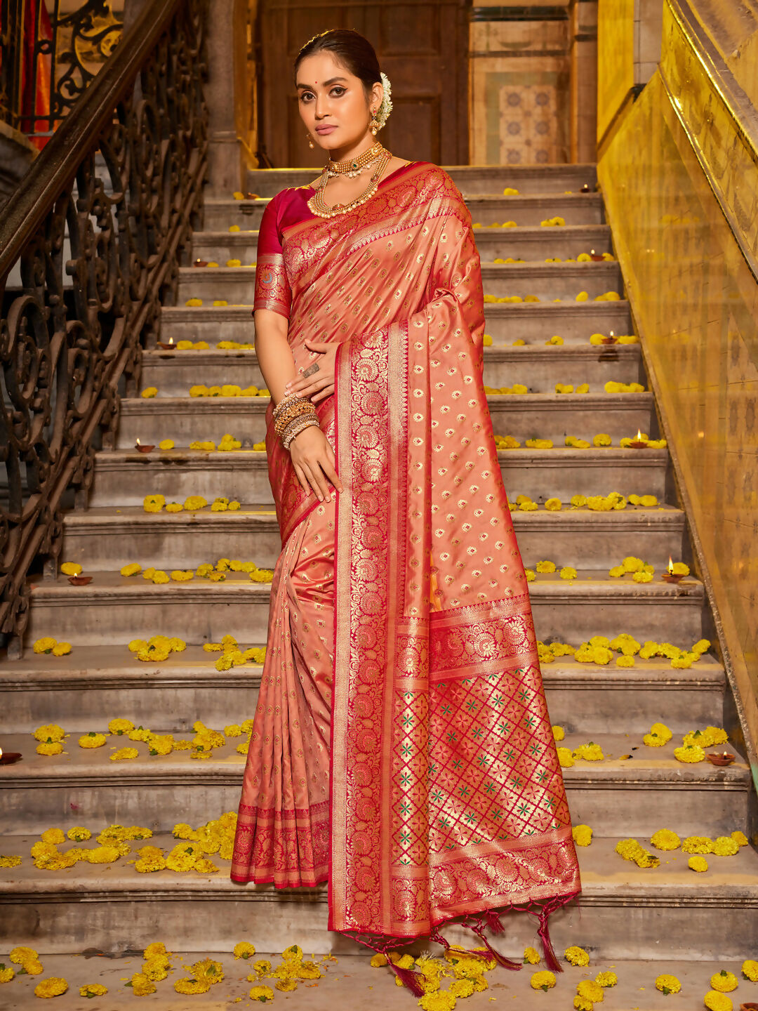 Astita Banarasi Silk Peach Saree | Swadesiicart