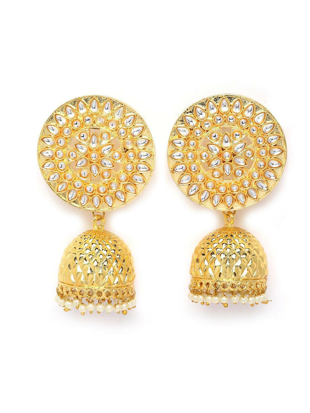 Golden Gold-Polished Circular Shaped Brass Jhumka Earrings For Women And Girls By House of Ree - Swadesiicart