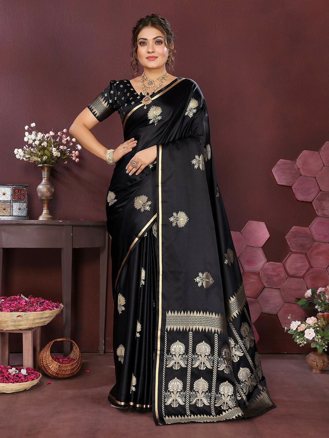 Joban Fashion Black Floral Motifs Banarasi Silk Sarees | Swadesiicart