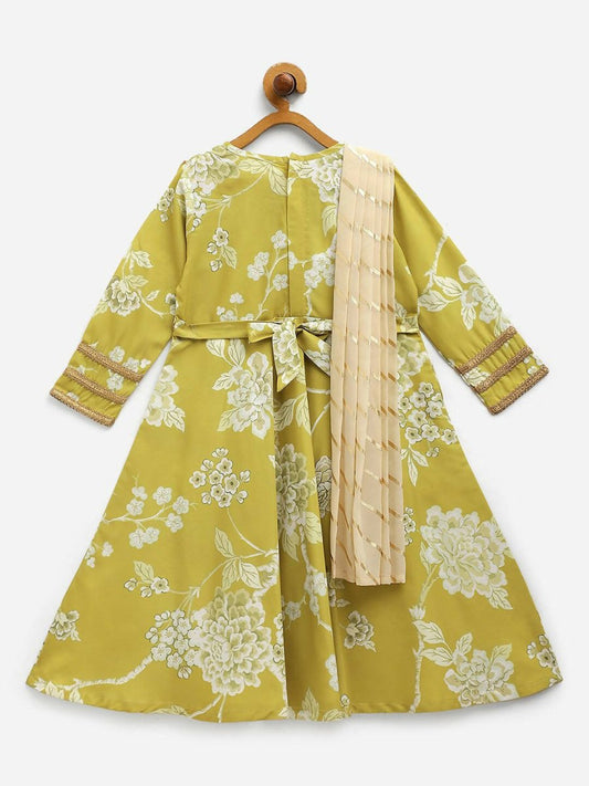Ahalyaa Lemon Yellow Crepe Digital Print Kids Kurta With Dupatta Set For Girls | Swadesiicart