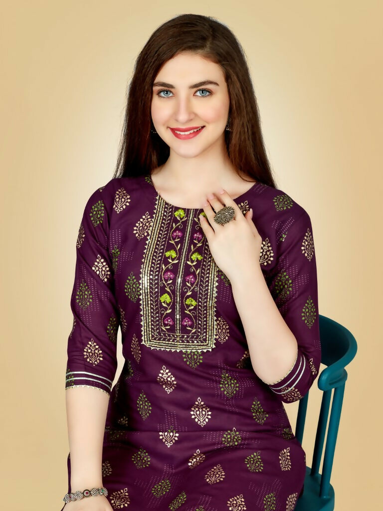 Jyoti Fashion Women's Wine Viscose Rayon Embroidered Kurta Pant Set | Swadesiicart