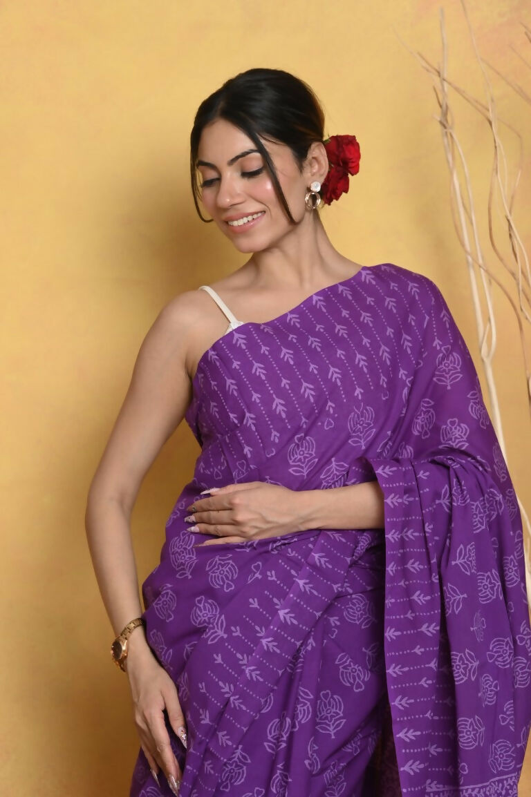 Very Much Indian Handblock Printed Cotton Saree With Natural Dyes - Purple | Swadesiicart