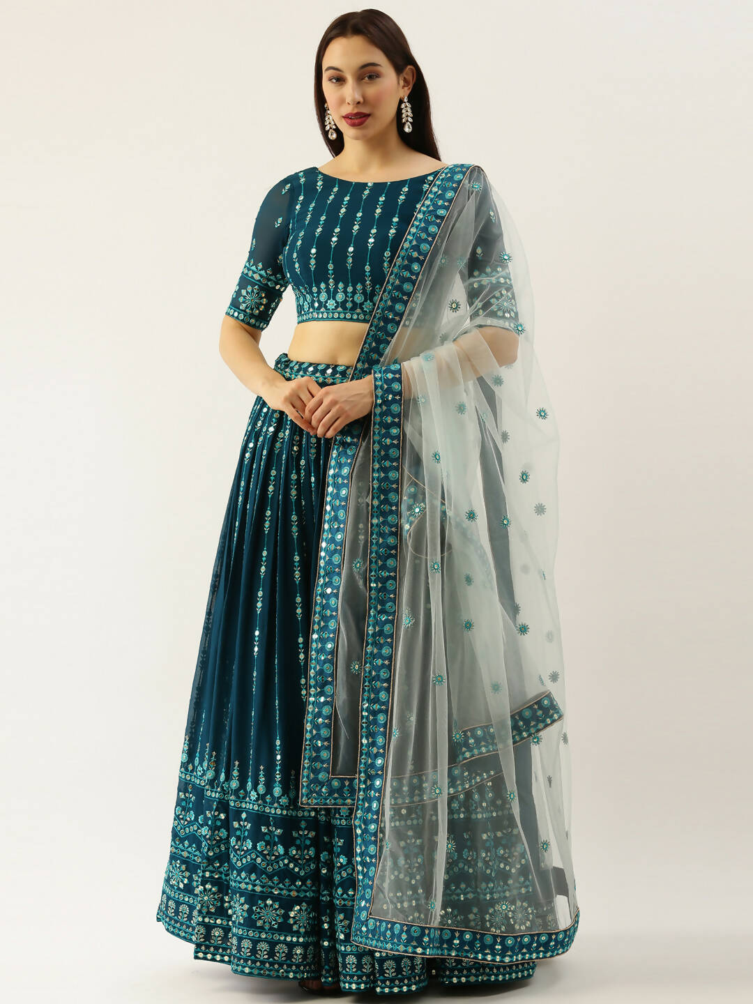 House of Panchhi Women Teal Georgette Sequins Work Lehenga & Blouse with Dupatta | Swadesiicart