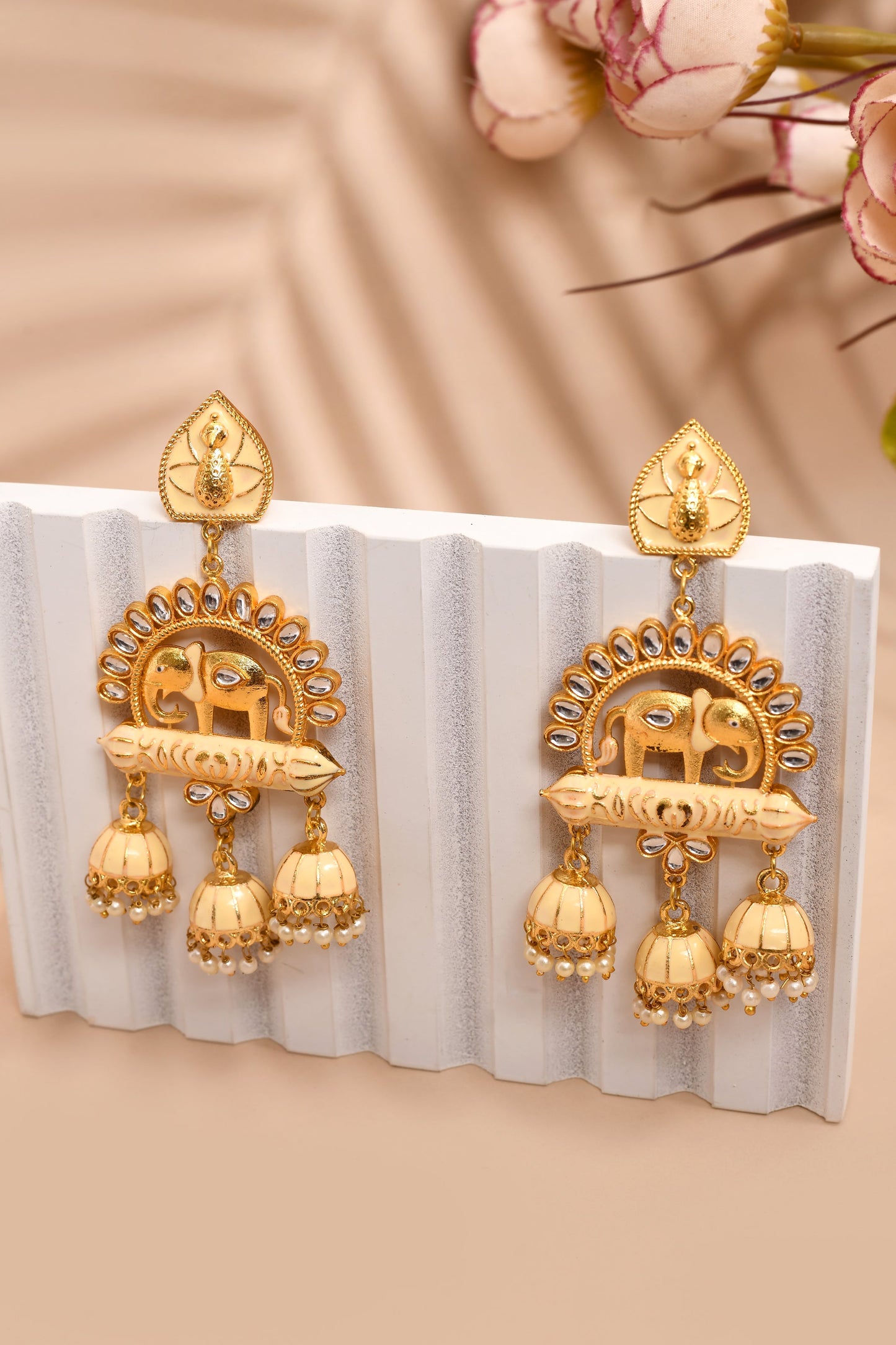 Elephant Shape Beige Jhumki Drop Earrings for Womens by House of Ree | Swadesiicart