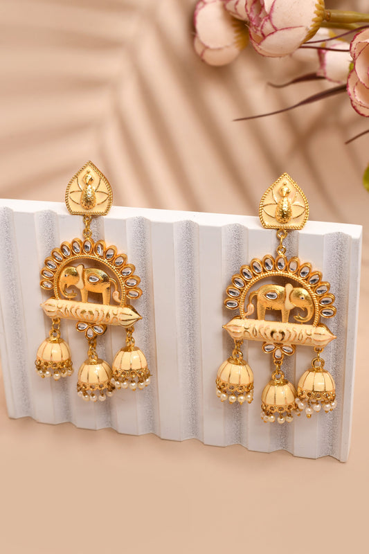 Elephant Shape Beige Jhumki Drop Earrings for Womens by House of Ree | Swadesiicart