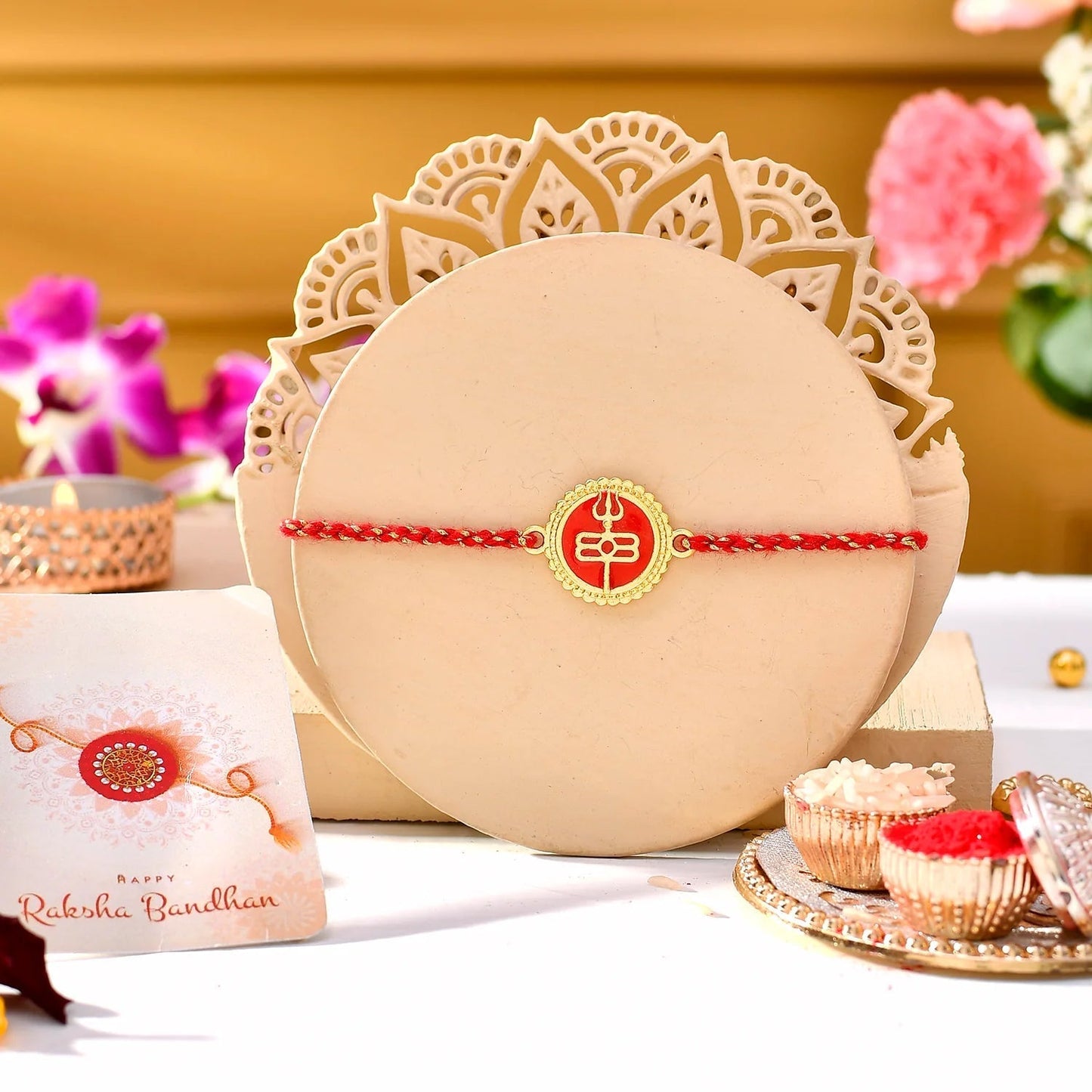 trueBrowns X Voylla Red Enamel And Gold Rudra-Tilaka Rakhi For Brother | Swadesiicart