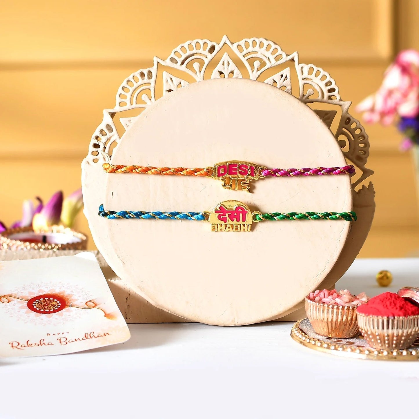 trueBrowns X Voylla Desi Bhai-Bhabhi Multi Color Thread Lumba Rakhi Combo For Bhaiya Bhabhi | Swadesiicart