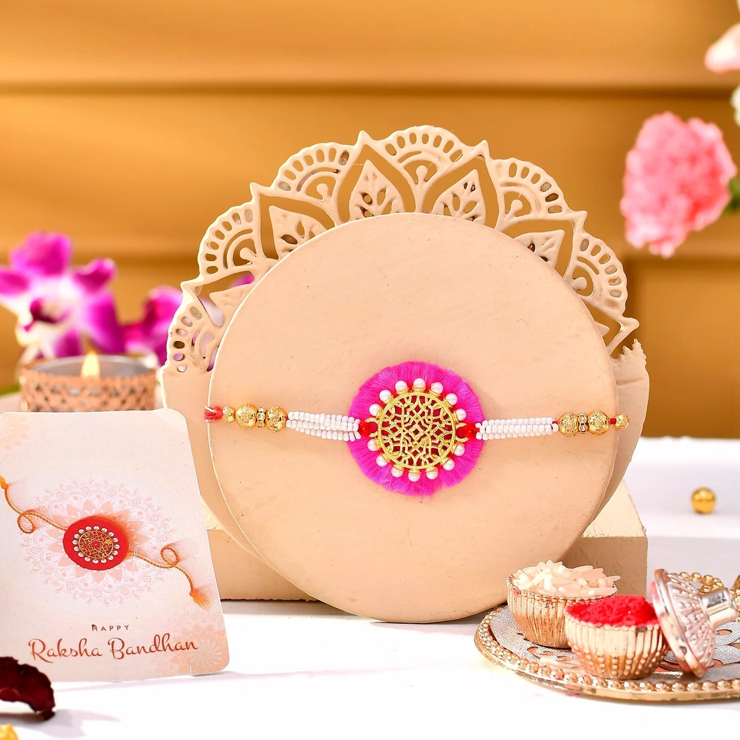 trueBrowns X Voylla Pearl And Gold Filigree Rakhi For Brother | Swadesiicart