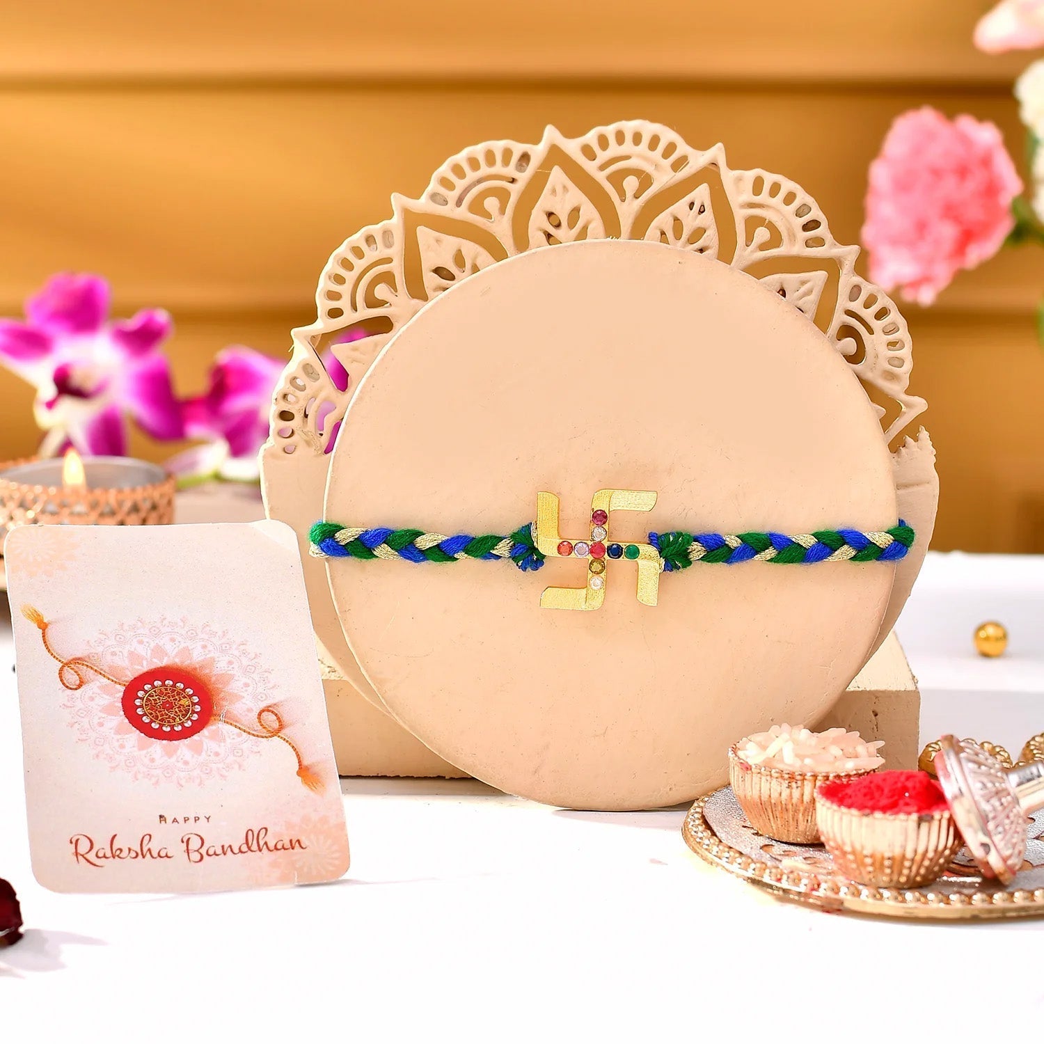 trueBrowns X Voylla Gold Navratan Swastik Rakhi For Brother | Swadesiicart