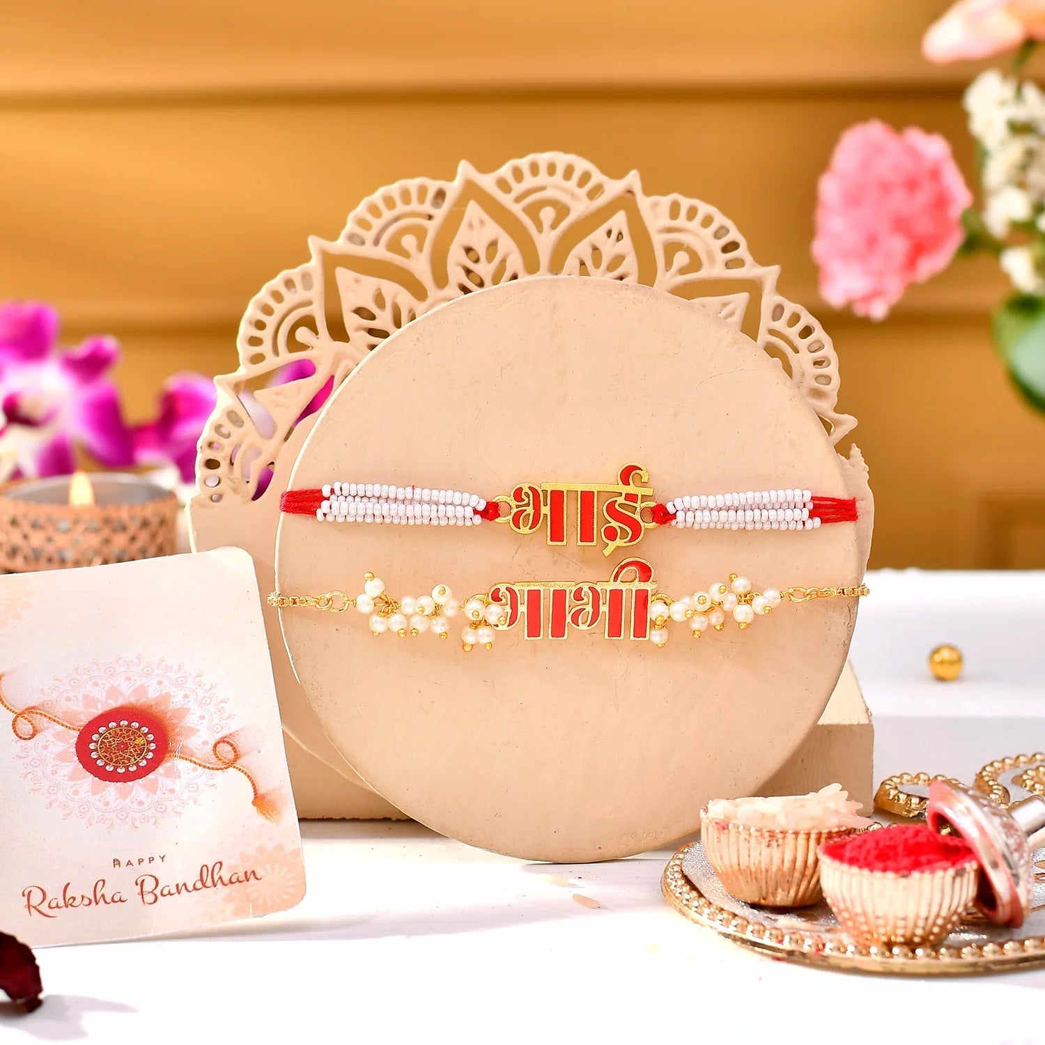 trueBrowns X Voylla Red Enamel Bhai-Bhabhi Lumba Rakhi Combo For Bhaiya Bhabhi | Swadesiicart