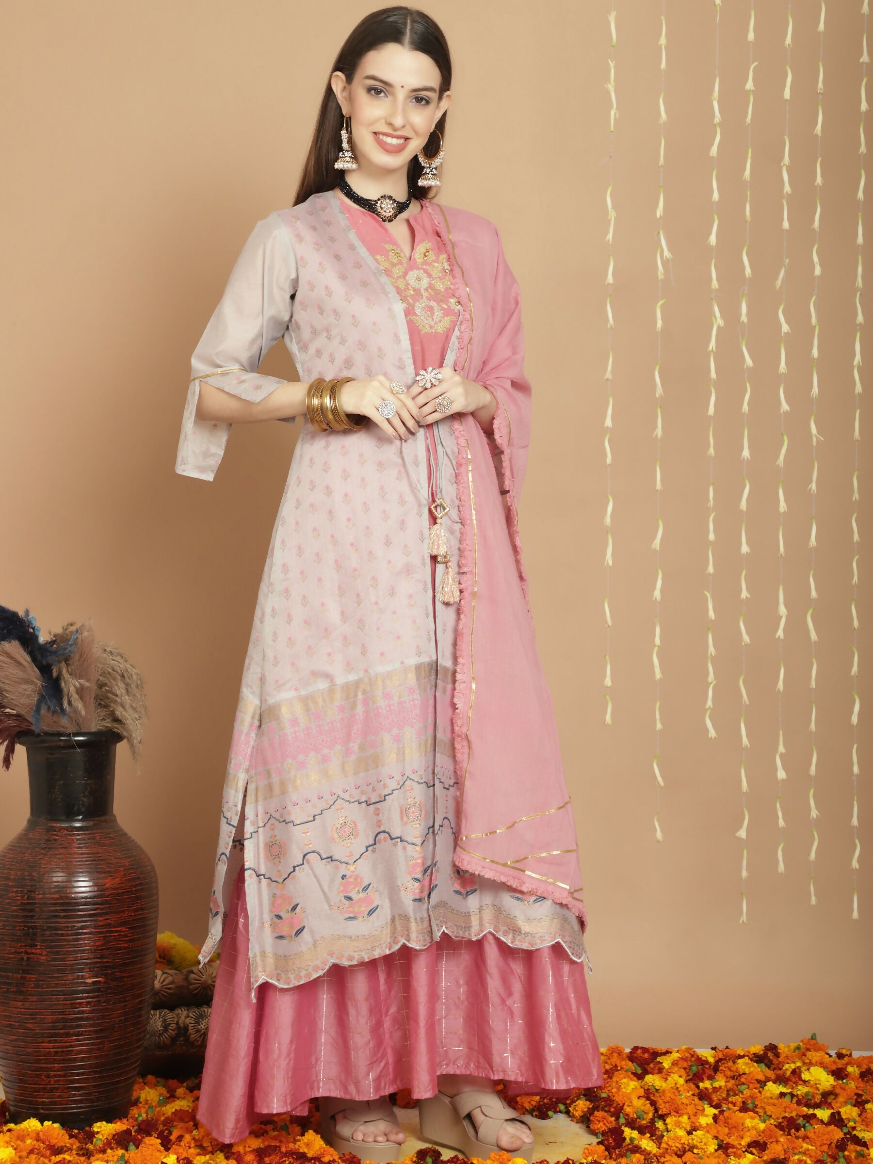 Jyoti Fashion Women's Grey Chanderi Silk Elegant Jardoshi Semi Kurta with Trouser & Dupatta | Swadesiicart
