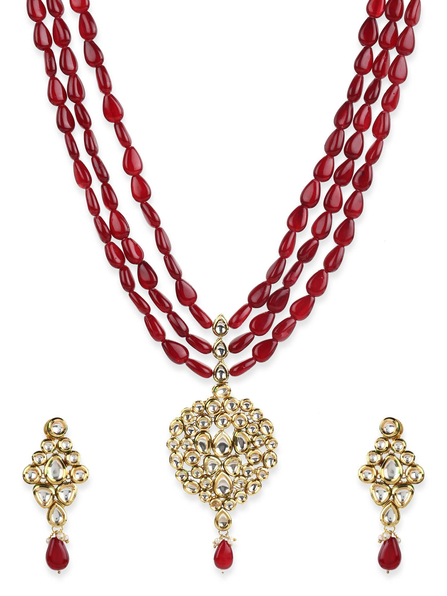 Gold-Polished White Maroon Kundan Studded Beaded Handcrafted Jewellery Set - Ruby Raang - Swadesiicart