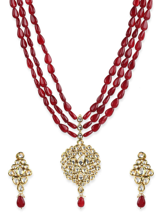 Gold-Polished White Maroon Kundan Studded Beaded Handcrafted Jewellery Set - Ruby Raang - Swadesiicart
