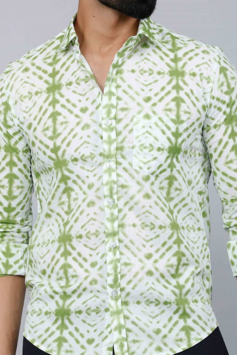 Miravan Men's Premium Green and White Slim Fit Tie Dye Cotton Shirt | Swadesiicart