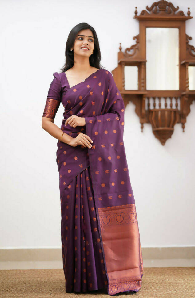 DEIANA'S Beautiful Designer Golden zari Soft Lichi Silk Saree - Wine - Swadesiicart