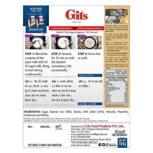 Gits Basamti Rice Kheer Dessert Mix - Swadesiicart