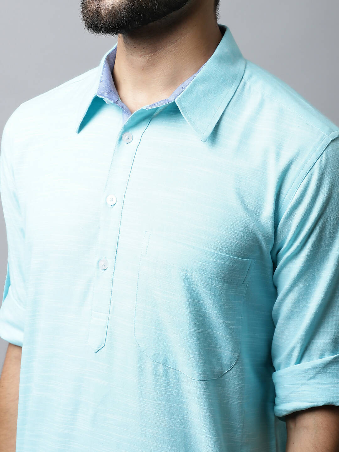 Even Apparels Blue Color Pure Cotton Solid Men's Kurta With Shirt Collar (SLD1132) | Swadesiicart