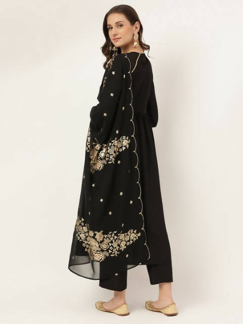 FIORRA Women's Black Poly Crepe Flared Kurta Pant With Dupatta - Swadesiicart