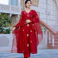 The52 Red Beautiful Embroidered Chanderi Fabric Flared Kurta, Pant and Dupatta Set - Swadesiicart