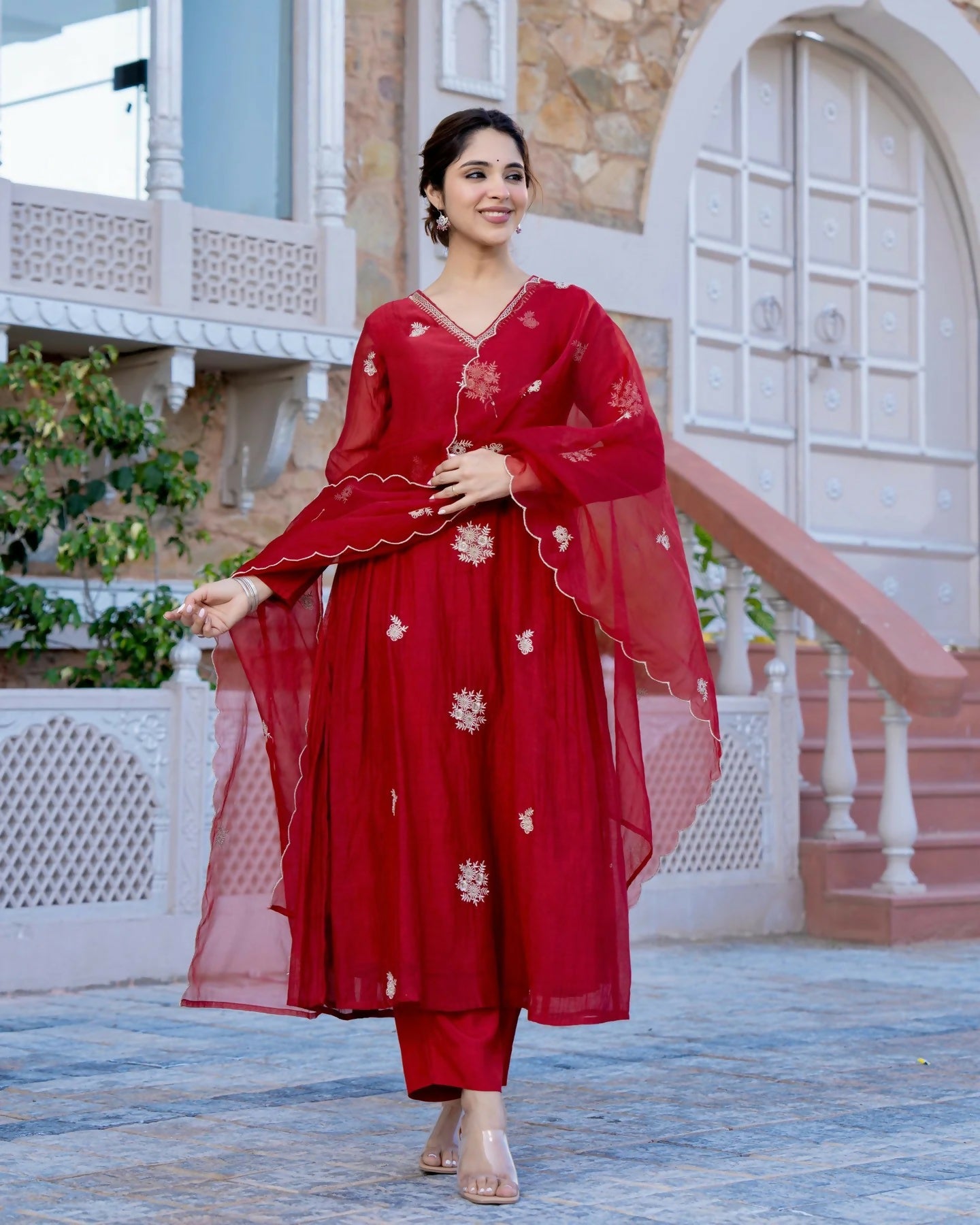 The52 Red Beautiful Embroidered Chanderi Fabric Flared Kurta, Pant and Dupatta Set - Swadesiicart