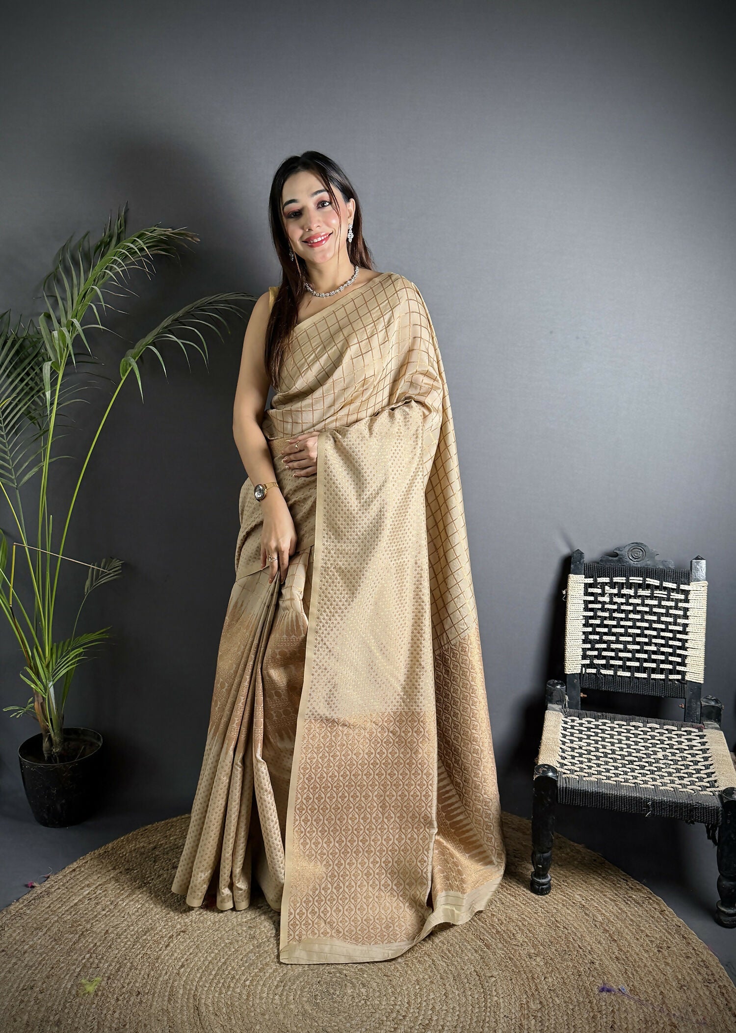 Joban Fashion Ivory Banarasi Soft Lichi Silk Checks & Woven Saree | Swadesiicart