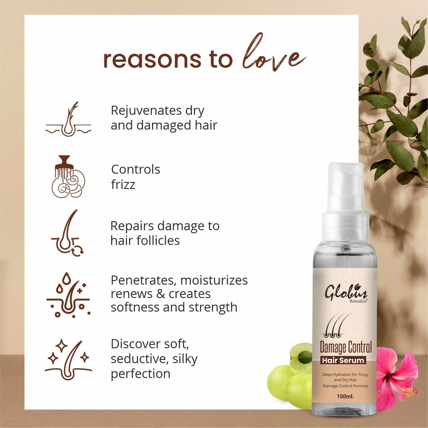 Globus Remedies Damage Control Hair Serum, For Frizzy Hair, Smoothens Rough Ends, Adds Instant Shine,100ml | Swadesiicart