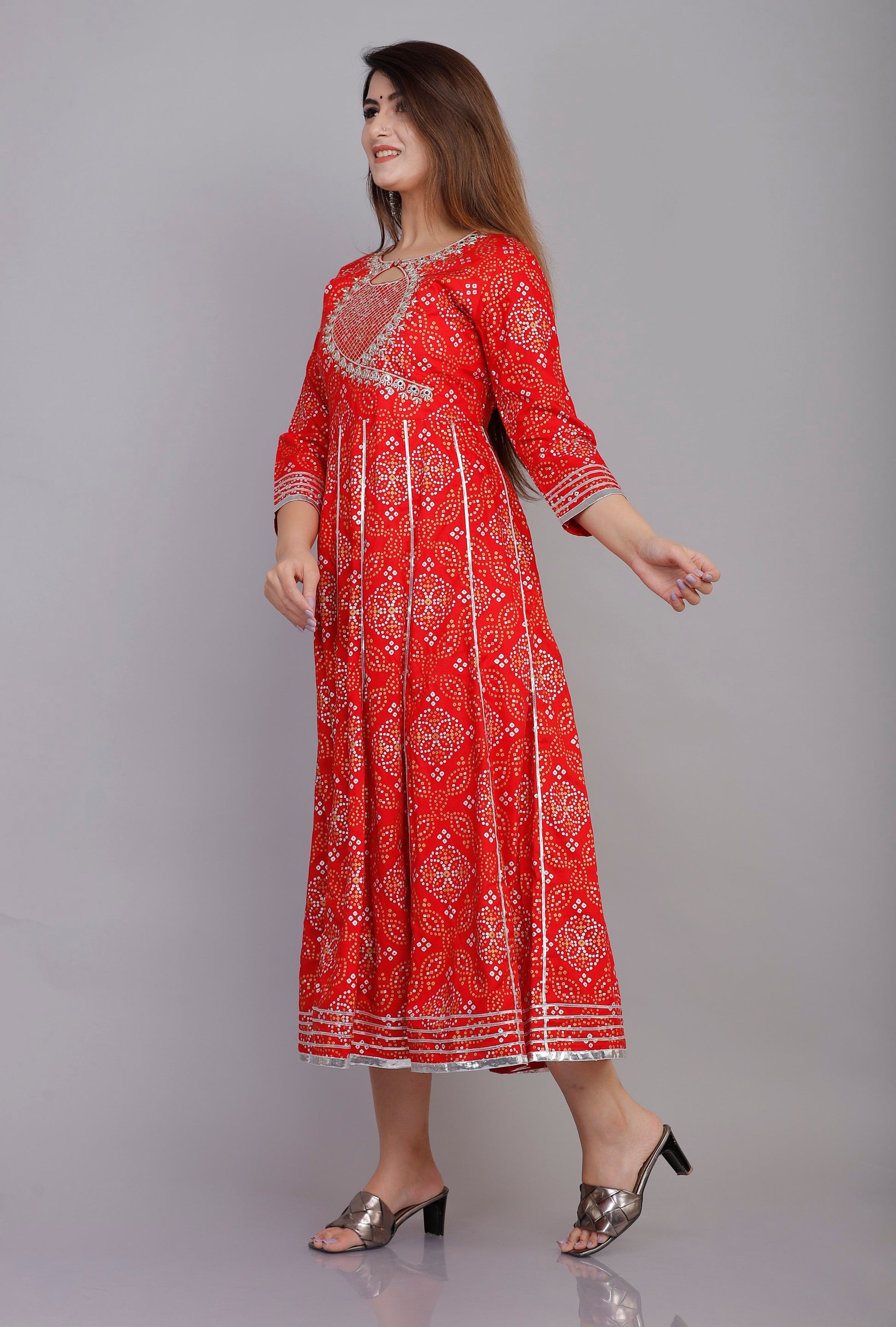 VOJ Women's Red Rayon Embroidered & Printed Anarkali Kurta | Swadesiicart