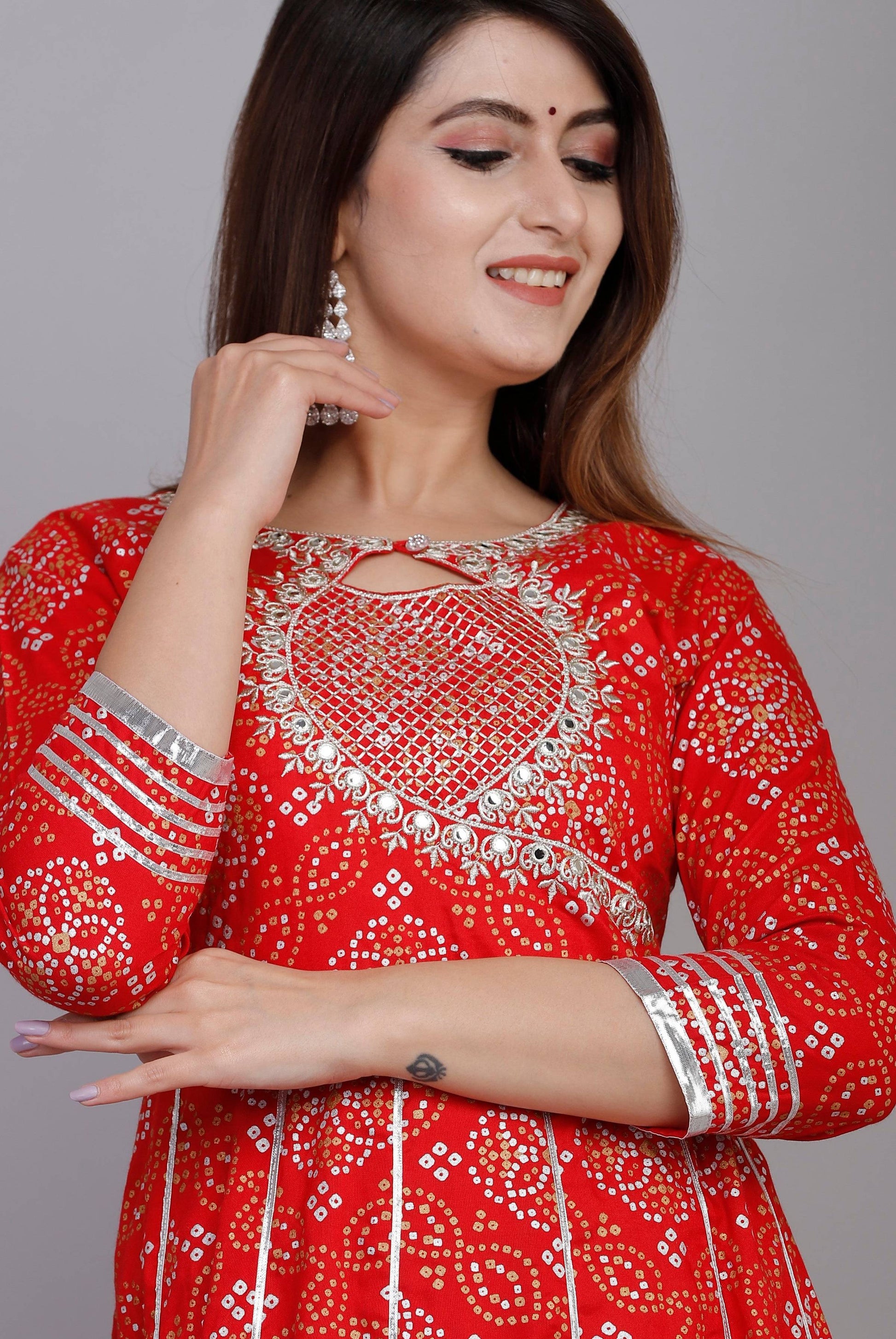 VOJ Women's Red Rayon Embroidered & Printed Anarkali Kurta | Swadesiicart